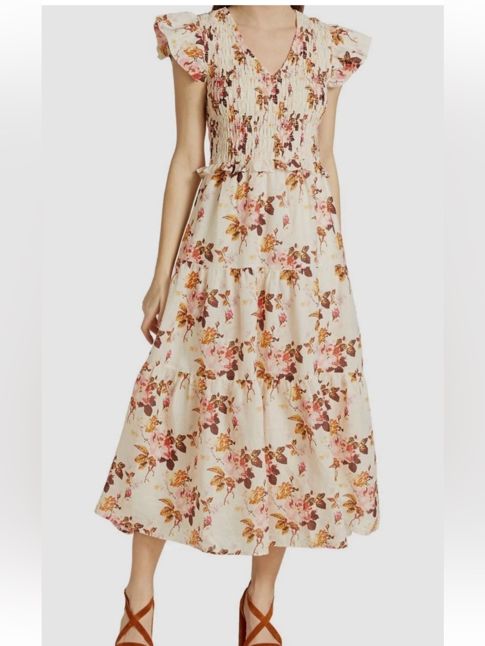 SEA New York Esme Floral Smocked Tiered Flutter-Sleeve Midi Dress size 2